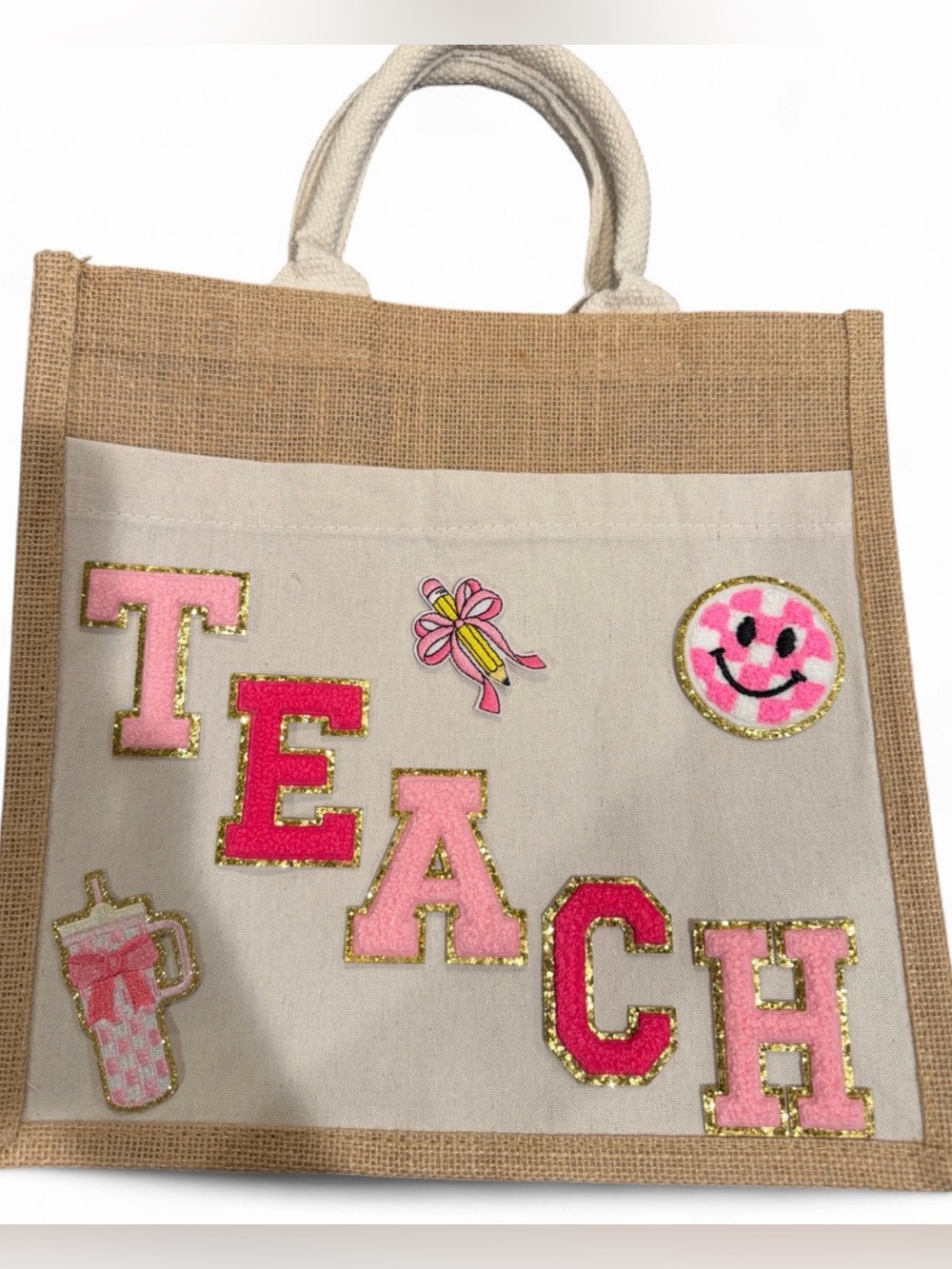 Pink 'TEACH' Patch Canvas Kids Tote Bag